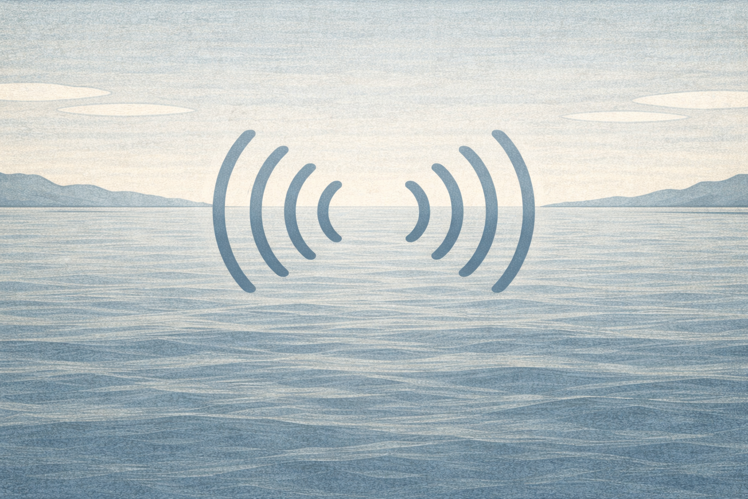 Ilustracja dwustronnej komunikacji radiowej nad spokojnym morzem, reprezentująca praktykę morskiej radiokomunikacji VHF.